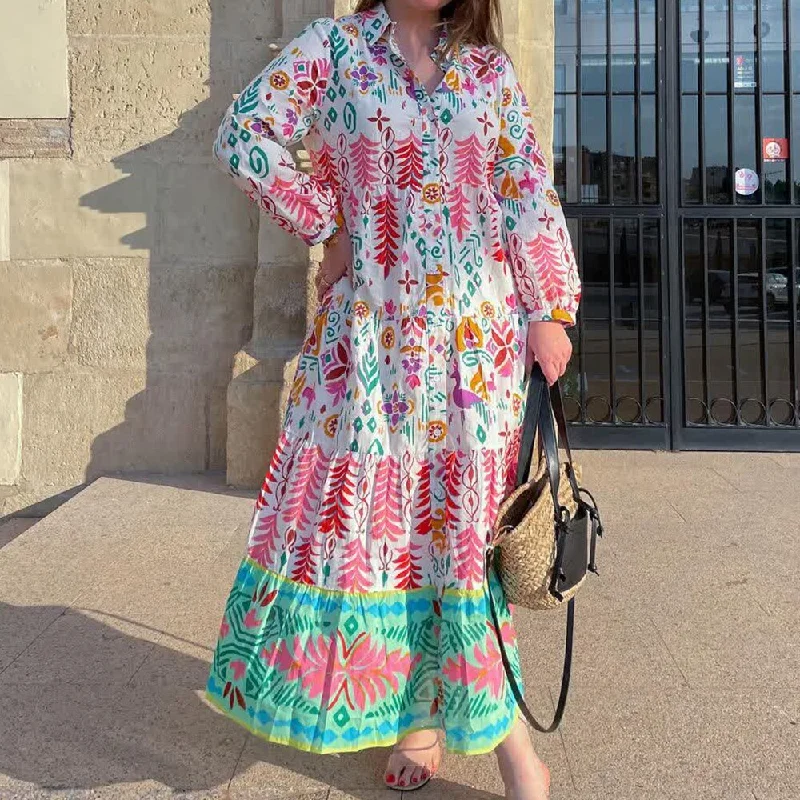 Drawstring - waist midi dress for a customizable and comfortable fitFashionSierra - Patchwork Floral Print Lapel  Midi Dress Female Chic Wrist Sleeve Slim Dresses