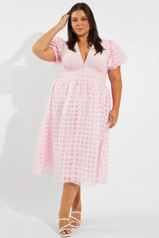 Halter - neck midi dress for a modern and stylish lookPink Grid Check Midi Dress