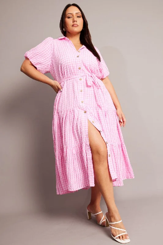 Floral print chiffon midi dress for a feminine and elegant lookPink Midi Dress Short Sleeve Shirt Check
