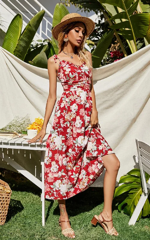 Long - train midi dress for a formal and dramatic lookHübsches Midikleid mit Riemchen und Bardot-Print in Rot