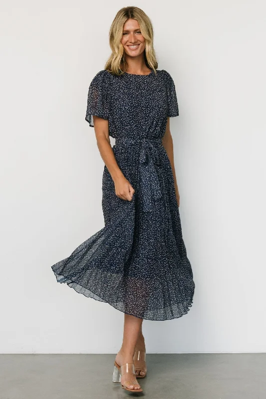 Off - the - shoulder midi dress for a flirty and romantic lookPrim Pleated Dress | Navy Print