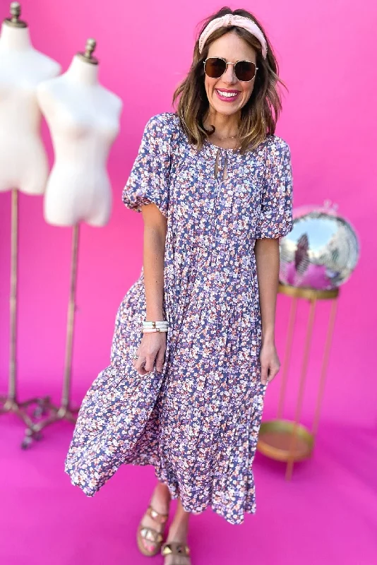 Midi dress for sports activities like horseback riding or yogaPurple Floral Printed Short Sleeve Tiered Midi Dress