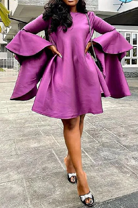 Midi dress for casual outings like hanging out with friendsPurple Trumpet Sleeve Pretty Swing Midi Dress