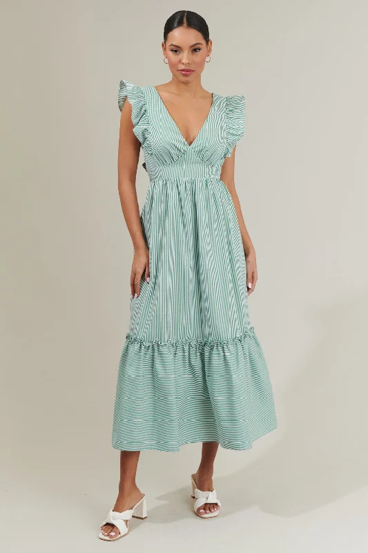 Square neck midi dress for a vintage - inspired charmQuiana Striped Avila Poplin Tie Back Midi Dress