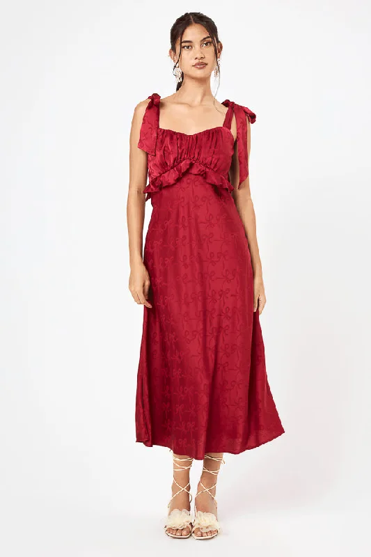 Cotton - blend midi dress for a comfortable and versatile choiceRed Tie Shoulder Ruffle Midi Dress