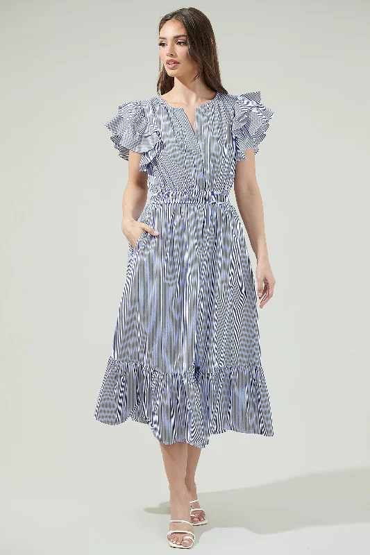 Midi dress for a beach vacation when paired with a swimsuit cover - upReynaga Striped Jelina Ruffle Sleeve Midi Dress