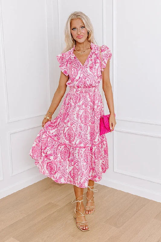 Midi dress for outdoor adventures such as hiking and campingRiviera Rendezvous Satin Midi in Fuchsia