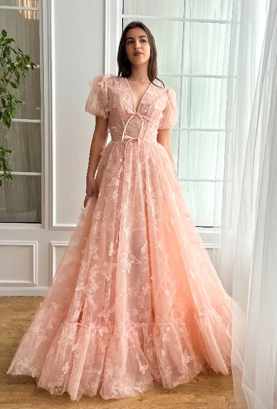 Ruffled hem midi dress for a charming and playful vibeRosette Papillon Gown