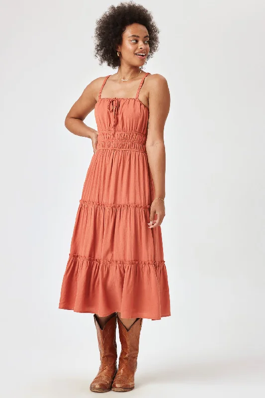Midi dress for a wedding as a guest in a more casual weddingRust Cinched Waist Tiered Midi Dress