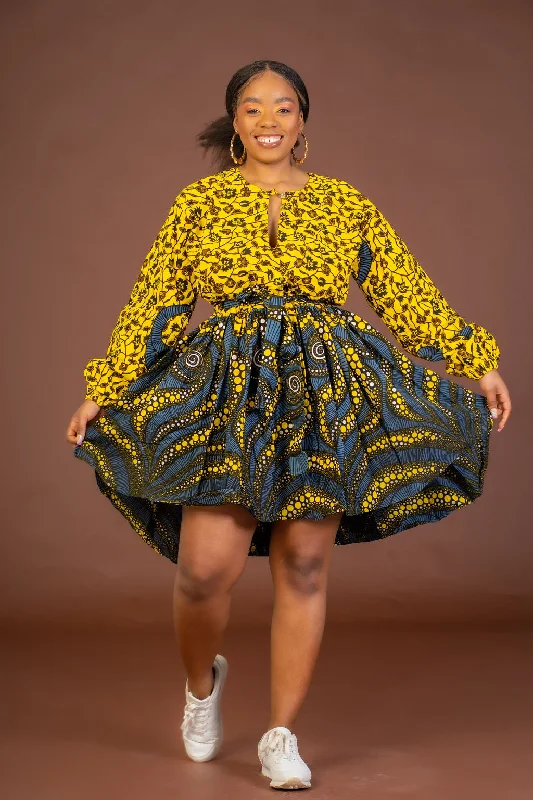 Cold - shoulder midi dress for a trendy and modern styleSelena Ankara Midi Dress | Yellow African Print