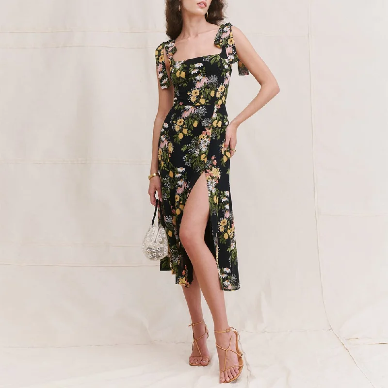 High - low hem midi dress for a modern and stylish lookFashionSierra - Sexy Midi Dress Elegant Vintage Floral Print Chiffon Summer Boho Beach Dress