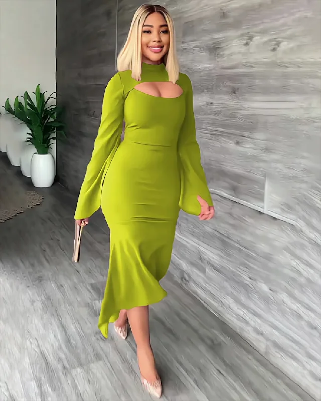 Midi dress for outdoor adventures such as hiking and campingSlim Slit Hollow Ruffle Dress