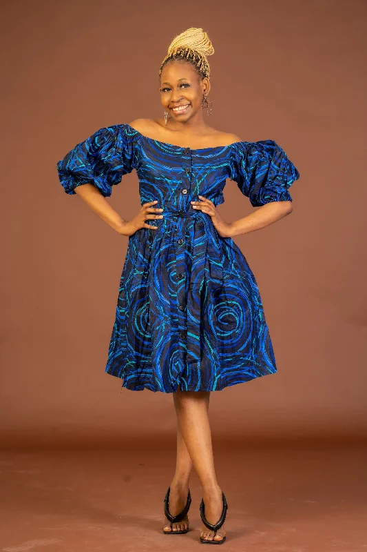 Ruffled - sleeve midi dress for a charming and playful lookStephanie Ankara Midi Dress | Blue African Print