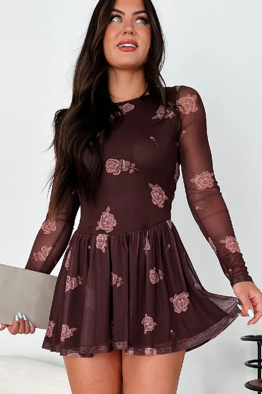 brown mini dressesStylish Intentions Floral Mesh Mini Dress (Brown)