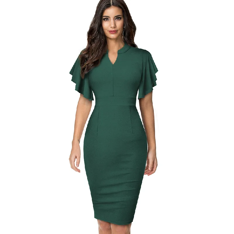 Midi dress for a beach vacation when paired with a swimsuit cover - upBerriesJam - 2024 Vintage Solid Color Elegant Office Pencil Dress