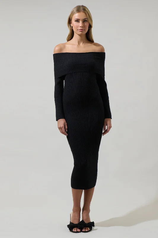 Fringe - trimmed midi dress for a playful and trendy appearanceVonnie Off the Shoulder Midi Sweater Dress