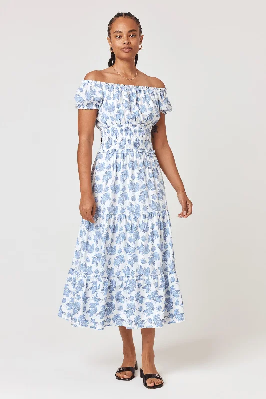 Empire waist midi dress for a flattering and feminine fitWhite Blue Floral Off Shoulder Midi Dress