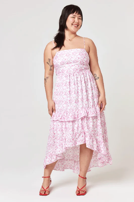 Midi dress for a countryside getaway for a laid - back and rustic lookWhite Pink Floral Hi-Low Midi Dress