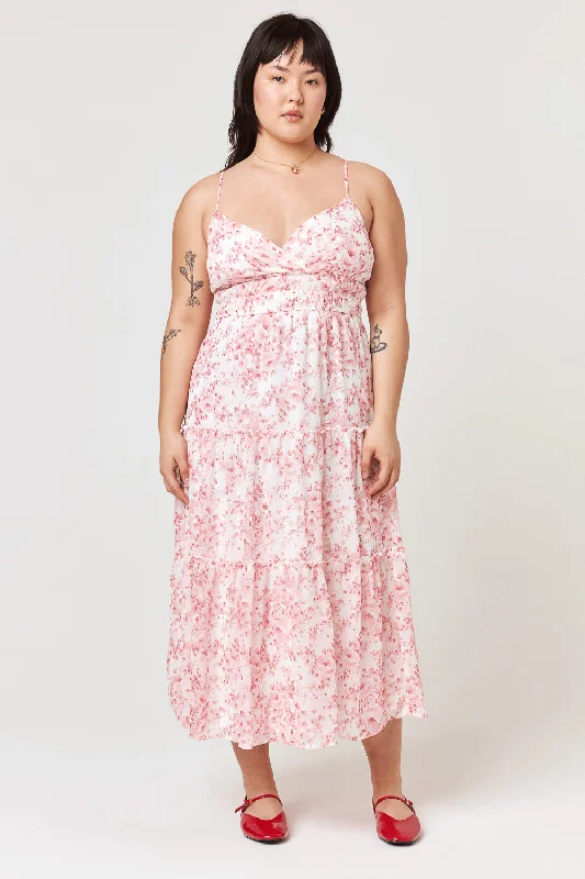 Empire waist midi dress for a flattering and feminine fitWhite Pink Floral Surplice Tiered Midi Dress