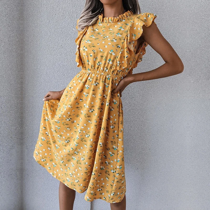 Satin midi dress for a smooth and shiny finishAmy Fashion - New Butterfly Sleeve Ruffles Medium Long Dress