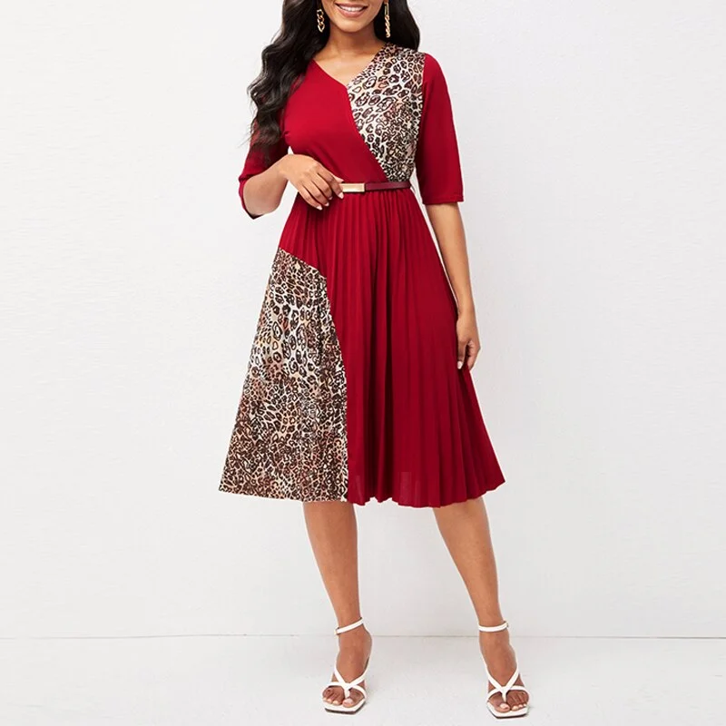 Midi dress for a picnic in the park with a relaxed and comfortable fitAmy Fashion - O Neck Half Sleeve Elegant A-Line Pleated Dress