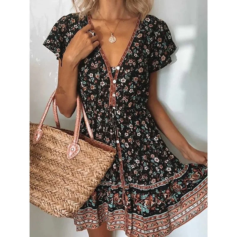 Drawstring - waist midi dress for a customizable and comfortable fitAmy Fashion - Fashion Short Sleeves V-neck Dresses