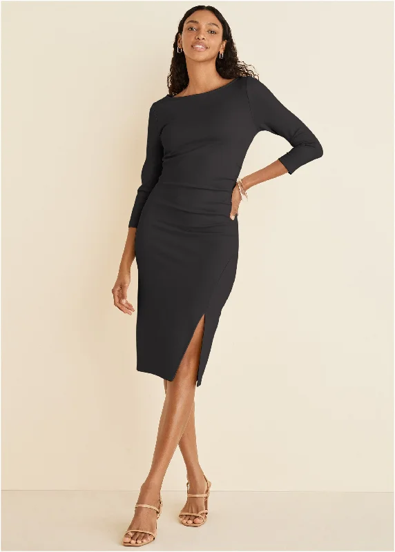 Cold - shoulder midi dress for a trendy and modern stylePonte Ruched Dress - Black