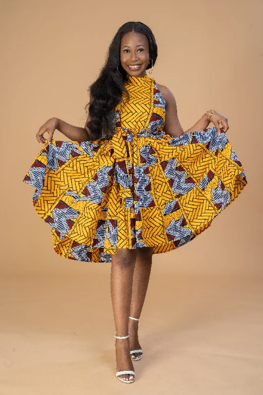 Midi dress for a business - casual setting when paired with a blazerZainab Ankara Women’s Sleeveless Midi Dress | Yellow and White African Print