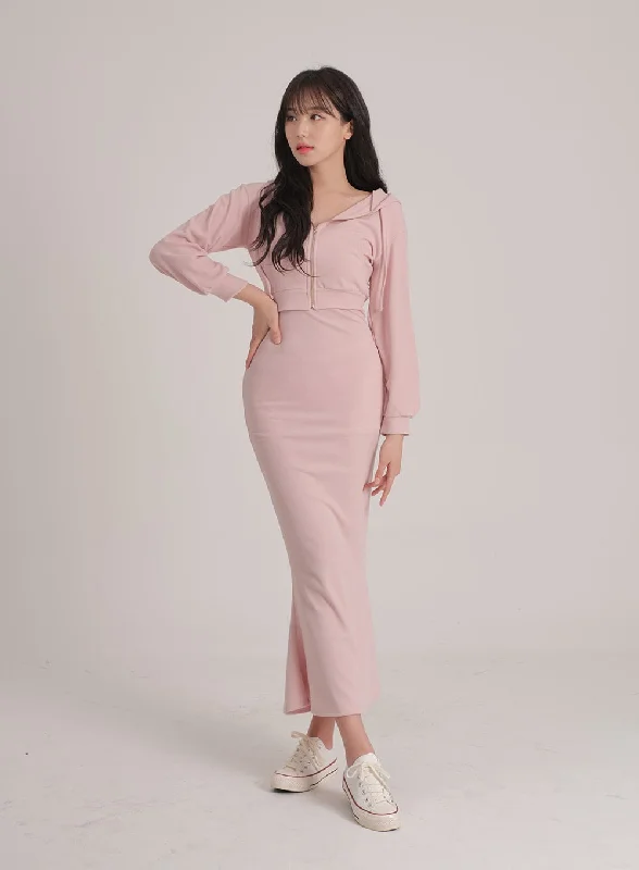 High - waisted pleated midi dress for a trendy and stylish appearanceZip up Hoodie and Sleeveless Maxi Dress Set J31
